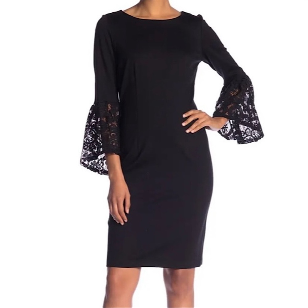 NANETTE LEPORE vegan black faux-suede lace bell sleeve dress size 4 like new